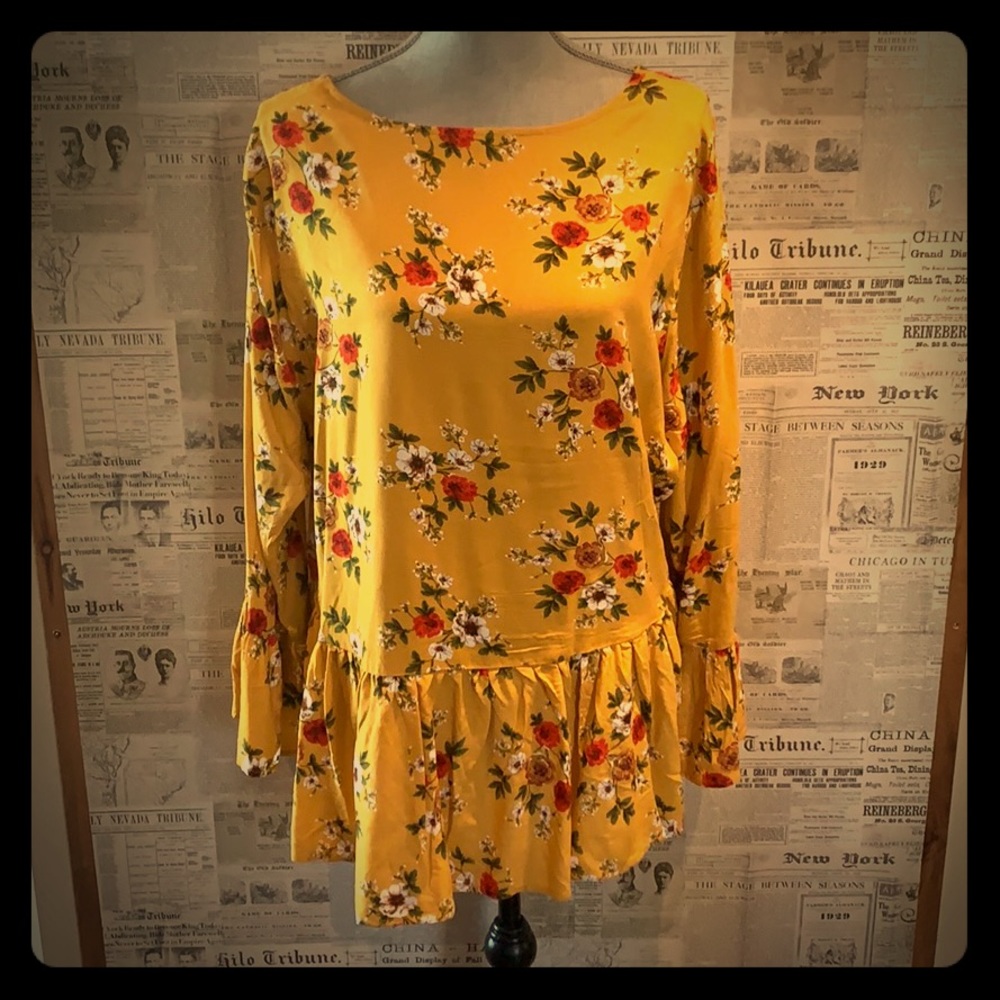 Yellow Floral Bell Sleeve Top